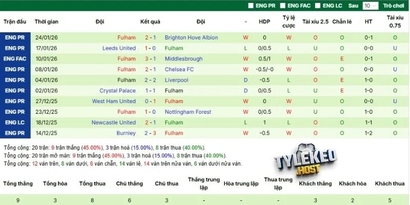 Màn trình diễn Fulham thời gian qua