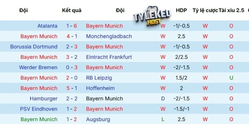 Thành tích thi đấu gần đây của Bayern Munich 